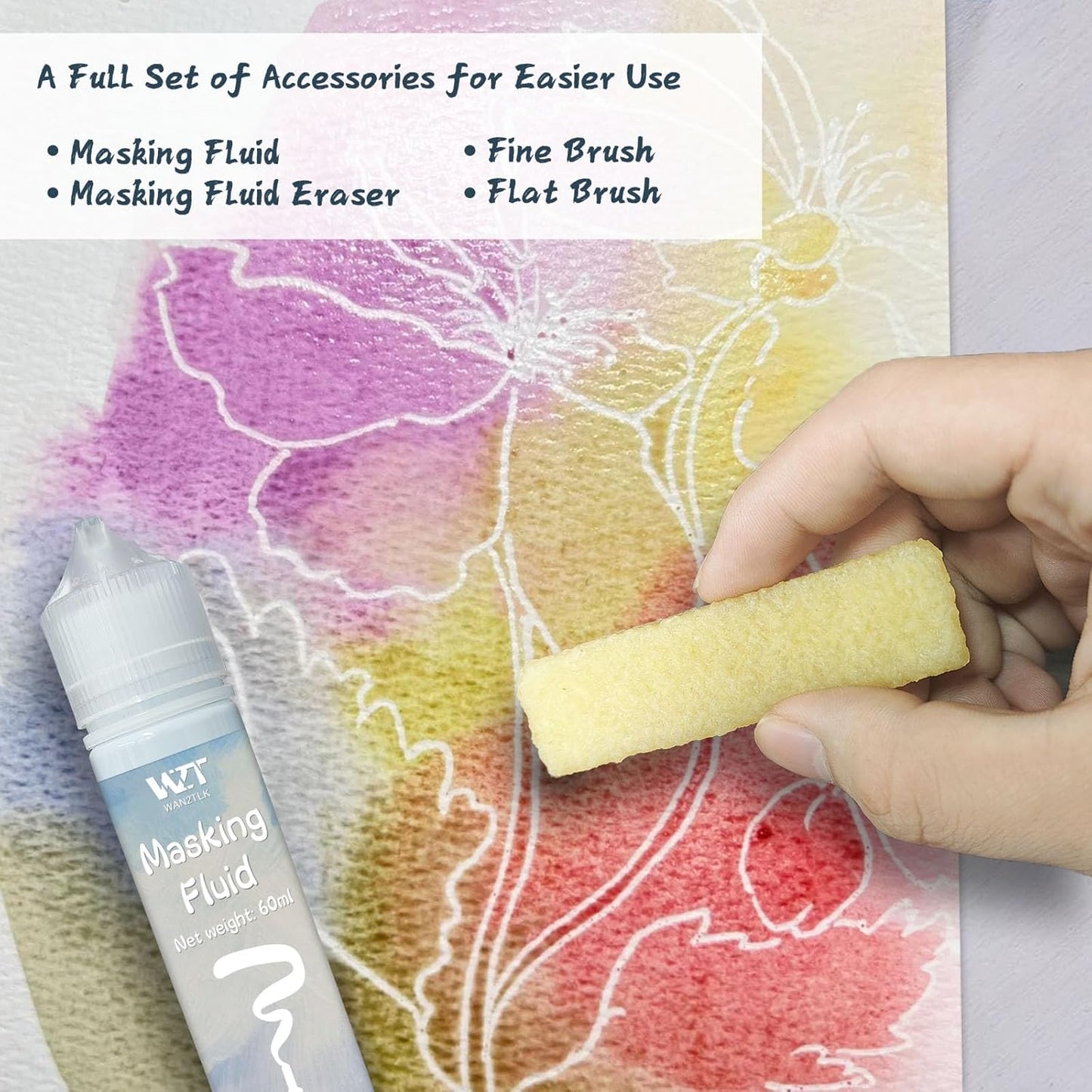 Masking Fluid for Watercolor Painting - 120ml Blue with a Paintbrush and Eraser - Art Masking Fluid Pen Watercolor Medium Art Supplies for Artists
