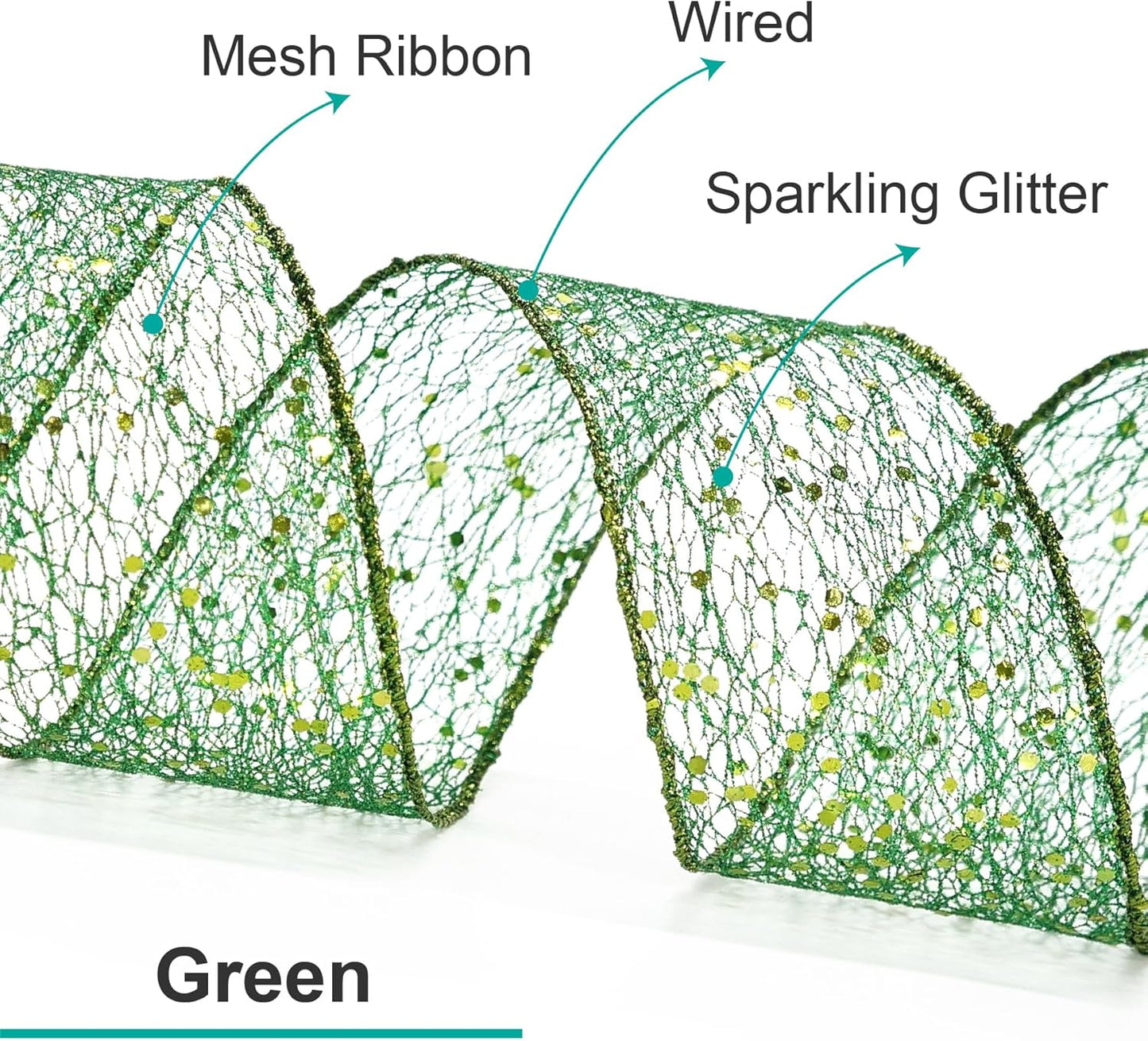 CT CRAFT LLC Sparkling Glitter Mesh Wired Ribbon 2.5" x 10 Yards Green for Christmas Home Decor Bow Gift Wrapping DIY Crafts Wreath
