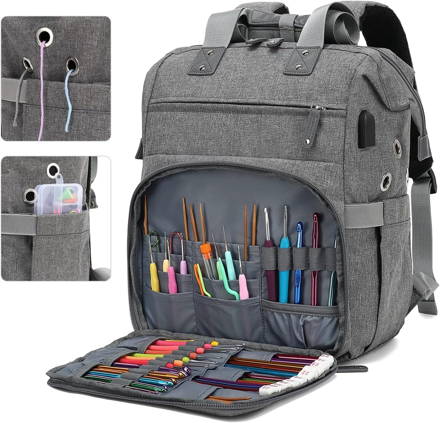 Knitting Bag Backpack Yarn Storage Organizer Travel Bag with USB Charging Port, Large Tote Bag Holder Case for Knitting Needles, Crochet Hooks, Accessories, Grey
