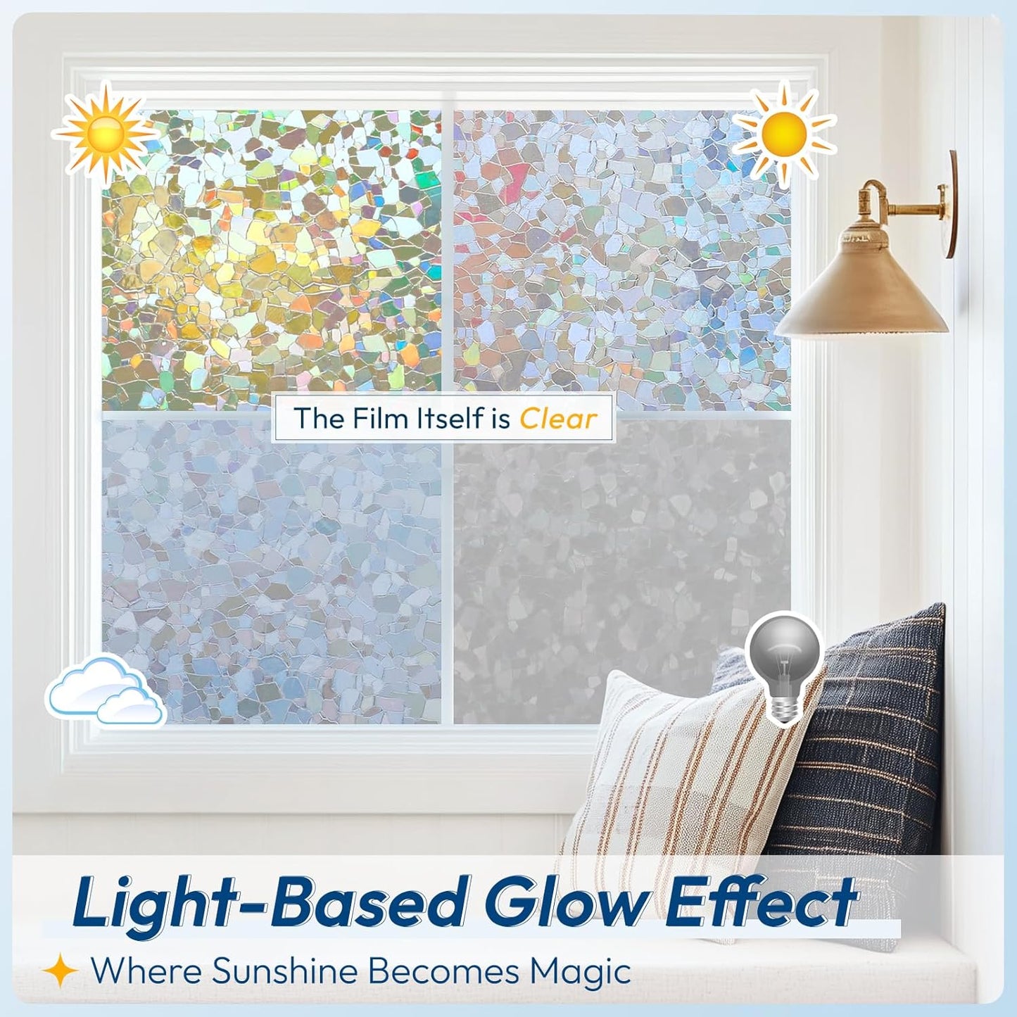 rabbitgoo Rainbow Window Privacy Film Decorative Stained Glass Diamond Pattern Window Sticker with Iridescent Tint Non-Adhesive Static Cling for Home Office Crystal Pattern, 23.6 x 118.1 inch
