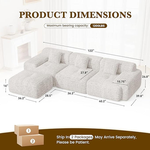 122" L Shaped Convertible Modular Couch, Cloud Couch Sectional - Image 2