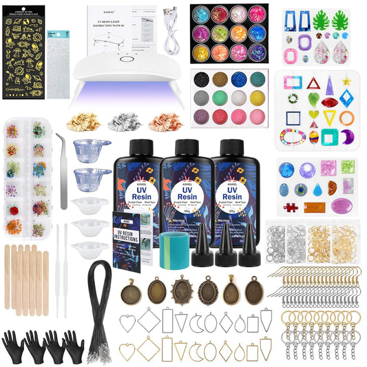 KISREL UV Resin Jewelry Making Kit, 300g Crystal Clear Resin with Light and Molds, DIY Jewelry Making Kit, Resina Starter Kits for Keychain and Earring