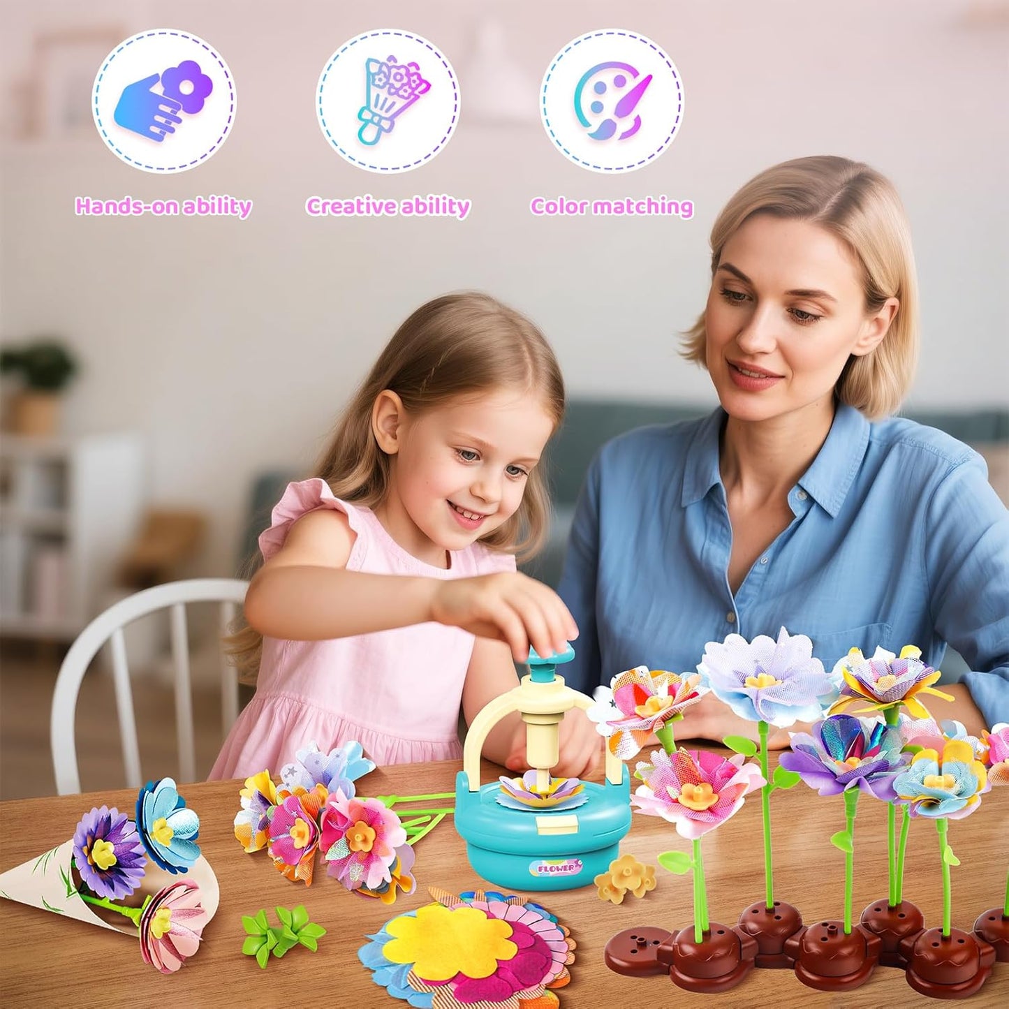 Plunack Flower Bouquet Toys Kits for Kids Age 4-8, Flower Press Kit DIY Flowers Making Craft Kit for 4 5 6 7 Year Old Girls Arts & Crafts Toys Educational Handmade Activity Set, Gift for Girls 3+