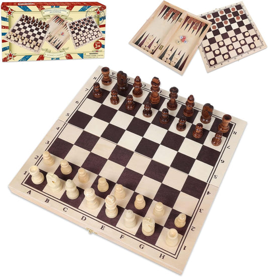 GOTHINK Wooden Chess, Checker, and Backgammon 3 in 1 Board Game Set,Classic Traditional Travel Night Toy and Game Gift Set for Kids Adults Senior Family