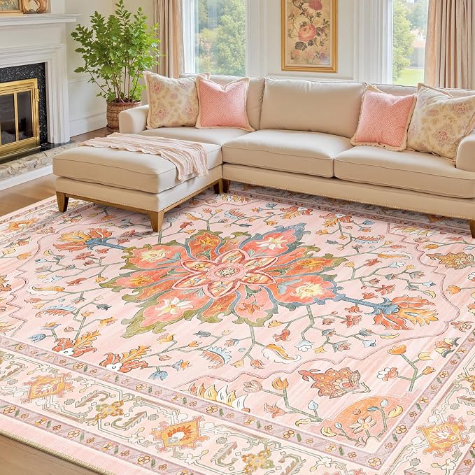 RELEANY Area Rugs 8'x10' Washable Non-Slip, Floral Vintage Distress Print - Image 2