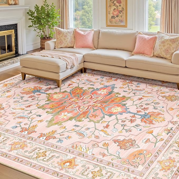RELEANY Area Rugs 7'x9' Washable Non-Slip, Floral Vintage Distress Print by RELEANY