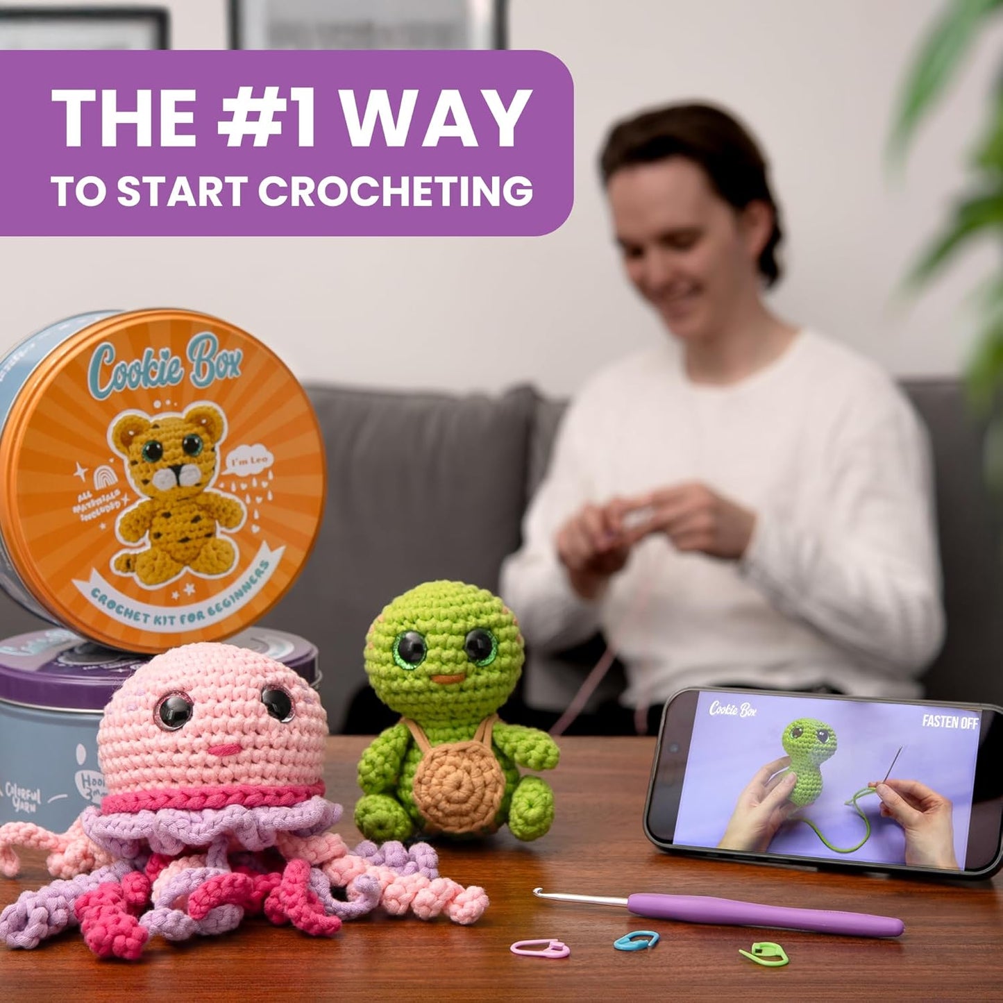 Cookie Box Crochet Kit for Beginners – Gift Set to Make Koala Coal Amigurumi Plushie – Easy DIY Crochet & Knitting Starter Kit with Video and PDF Tutorials