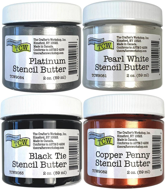 The Crafter's Workshop Stencil Butter - Formal Acrylic Paint Set - Boutique Metallic Texture Paste for Art, Canvas, Journals, & Cards - 4 x 2oz Jars