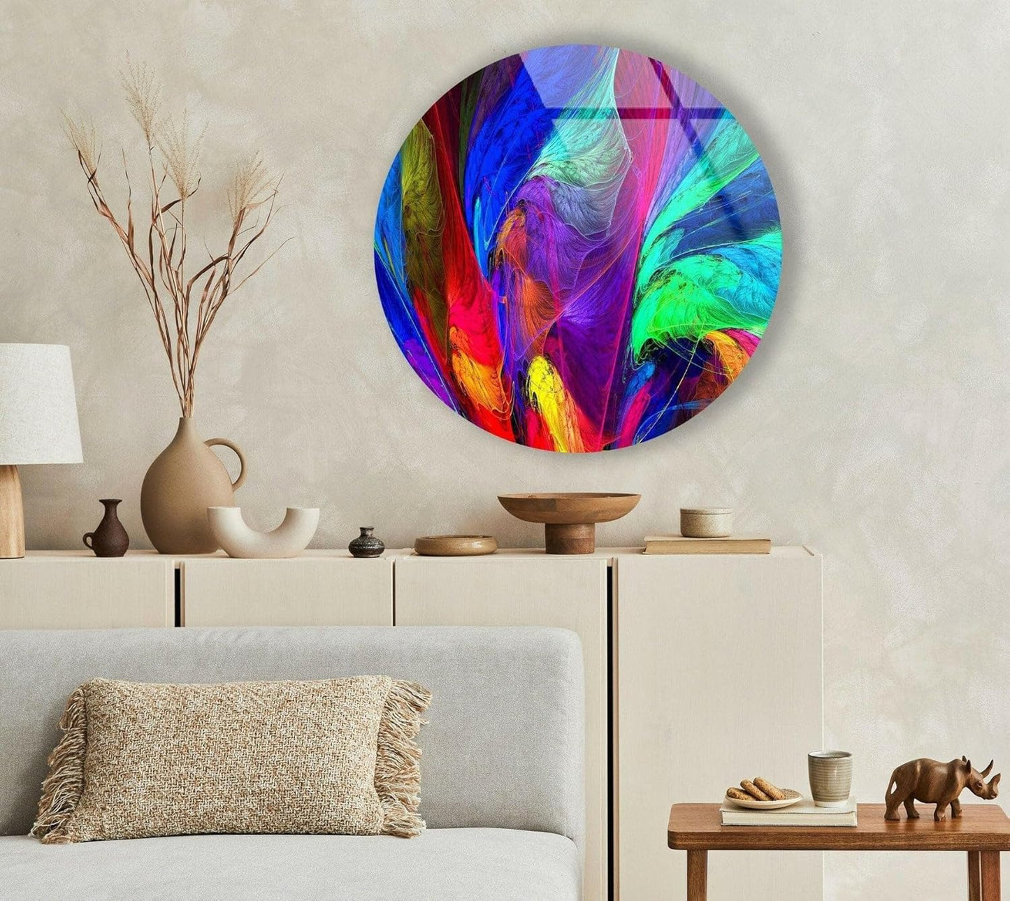 My Photostation.com 10''(25cm) Diameter Neon Colors Abstract Round Glass Wall Art Tempered Glass Printing Wall Decor Large Wall Art Wall Hangings