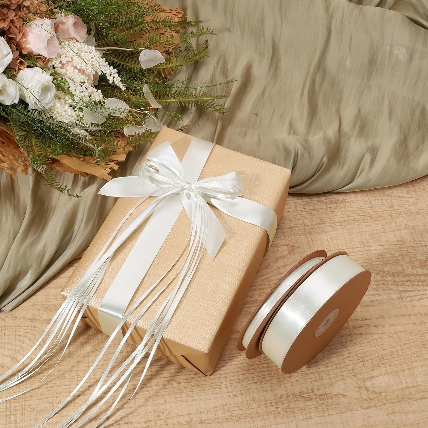 LaRibbons Nude Satin Ribbon 1/8 Inch 100 Yards Thin Luxury Double Faced Ivory Silk Ribbon for Flower Bouquet Crafts Gift Wrapping Wedding Bow Christmas Decoration