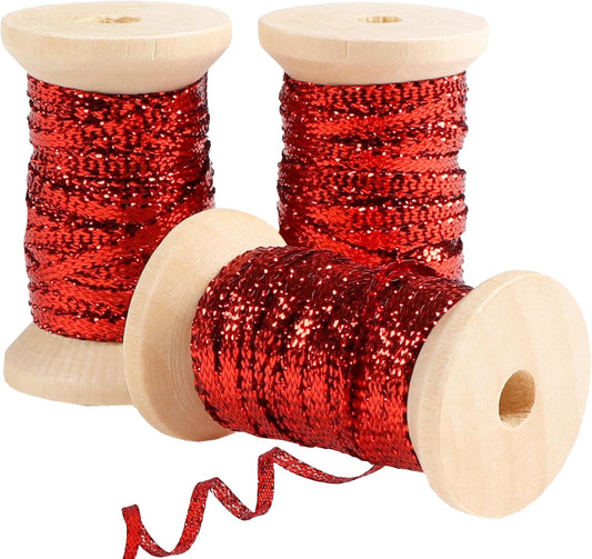 Red Thin Ribbon 1/8 inch Metallic Braided Double Faced Ribbons Curling Ribbons for Balloon String Crafts Gift Wrapping Party Wedding Christmas Ornaments Decoration 7 Yard x 3 Rolls
