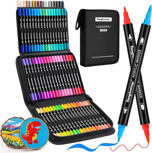 Tongfushop 72 Colors Acrylic Paint Markers, Dual Tip Acrylic Paint Pens with Brush Tip & Fine Tip, Wood Markers for Rock Painting, Wood, Canvas, Stone, Glass, Ceramic, DIY Crafts, Art Supplies