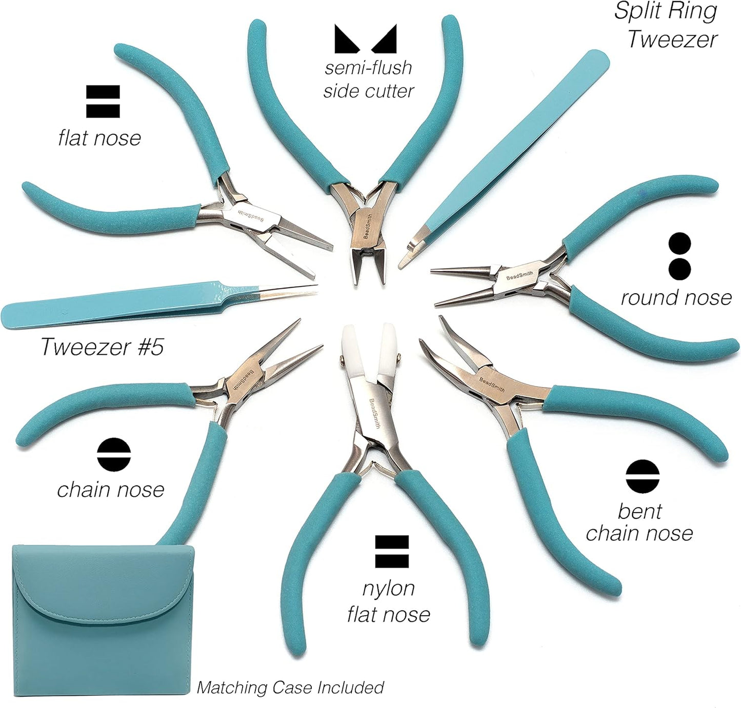 The Beadsmith Fashion Color Pliers – Set of 8 Slimline Color-Coordinated Tools – Matching Clutch in Light Blue – Jewelry Making Supply Kit to Create Necklaces, Bracelets, Earrings & More