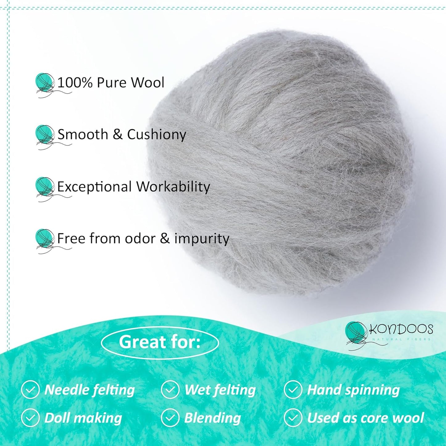Natural Wool roving, 8 OZ. Best for Needle Felting, handcrafts and Spinning. Natural Colours, un-Dyed. (Gray Sand, 8 oz)