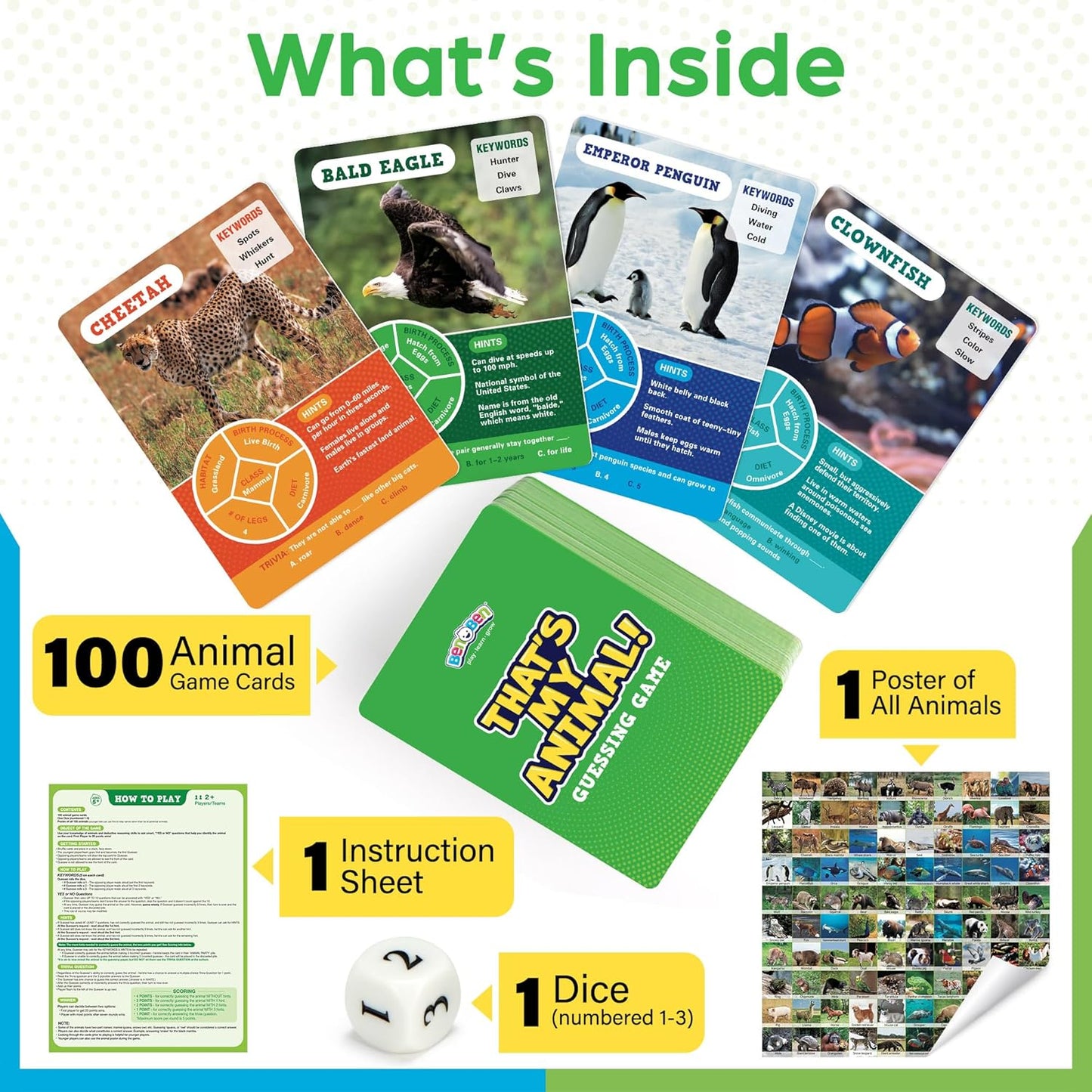 BenBen Guess Animal Card Games for Kids Family, 100 Cards, Educational Board Games for Travel, Classroom, Camping, Party, Car, Airplane, Road Trip Activities for Boys, Girls Ages 5+