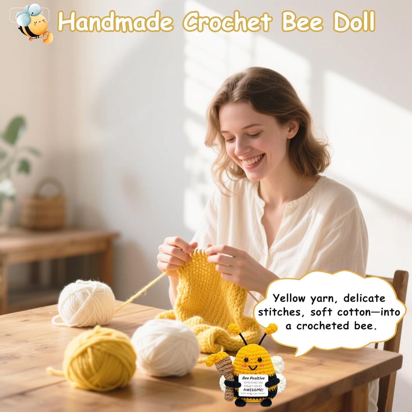 Positive Crochet Animals Bee Gifts - Birthday Gifts for Women Men, Inspirational Gift for Sister Friends Coworkers Boss, Appreciation Presents, Emotional Cheer Up Crochet Bee Cute Decor Small Stuff