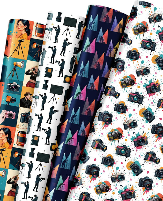 Pineraap 12 Sheets Photographer Wrapping Paper, Photography Gift Wrap Paper with Equipment, Camera, Photos & Scenes, Folded Flat Art Paper for Birthday DIY Crafts, 19.7 x 27.6 Inch (B)