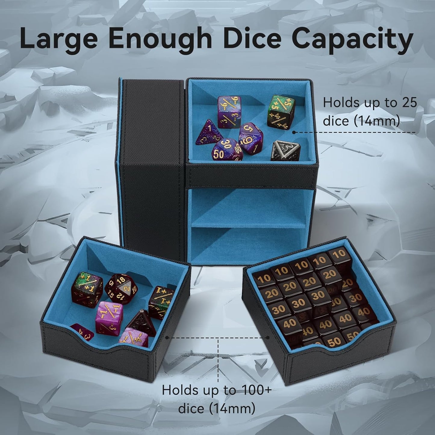 Dice Tray & Dice Tower Storage Box, 3 in 1 Dice Holder Case (Dice Rolling Tray, Dice Rolling Tower, Dice Storage Drawers), Leather Magnetic Closure DND Accessories Gifts for RPG MTG, Black/Blue