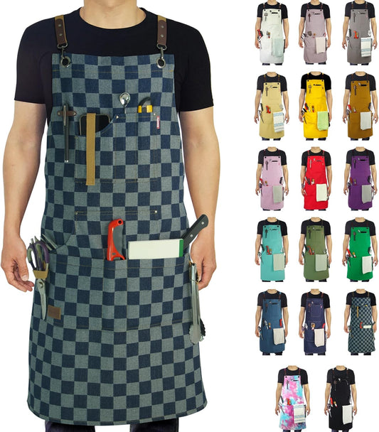 Kitchen Apron, Work Apron, Canvas, Multiple Pockets, Gardening, Painting, BBQ, Artist, Carpenter, Sizes M to XXL, Checkered Denim