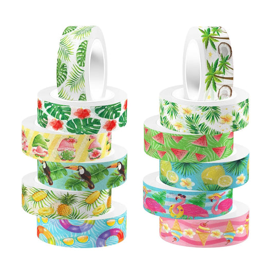 Summer Washi Tape 12 Rolls Aloha Masking Tape Hawaiian Theme Decorative Paper Stickers Flamingo Lemon Watermelon Tape Sticker,for DIY Crafts and Scrapbooking