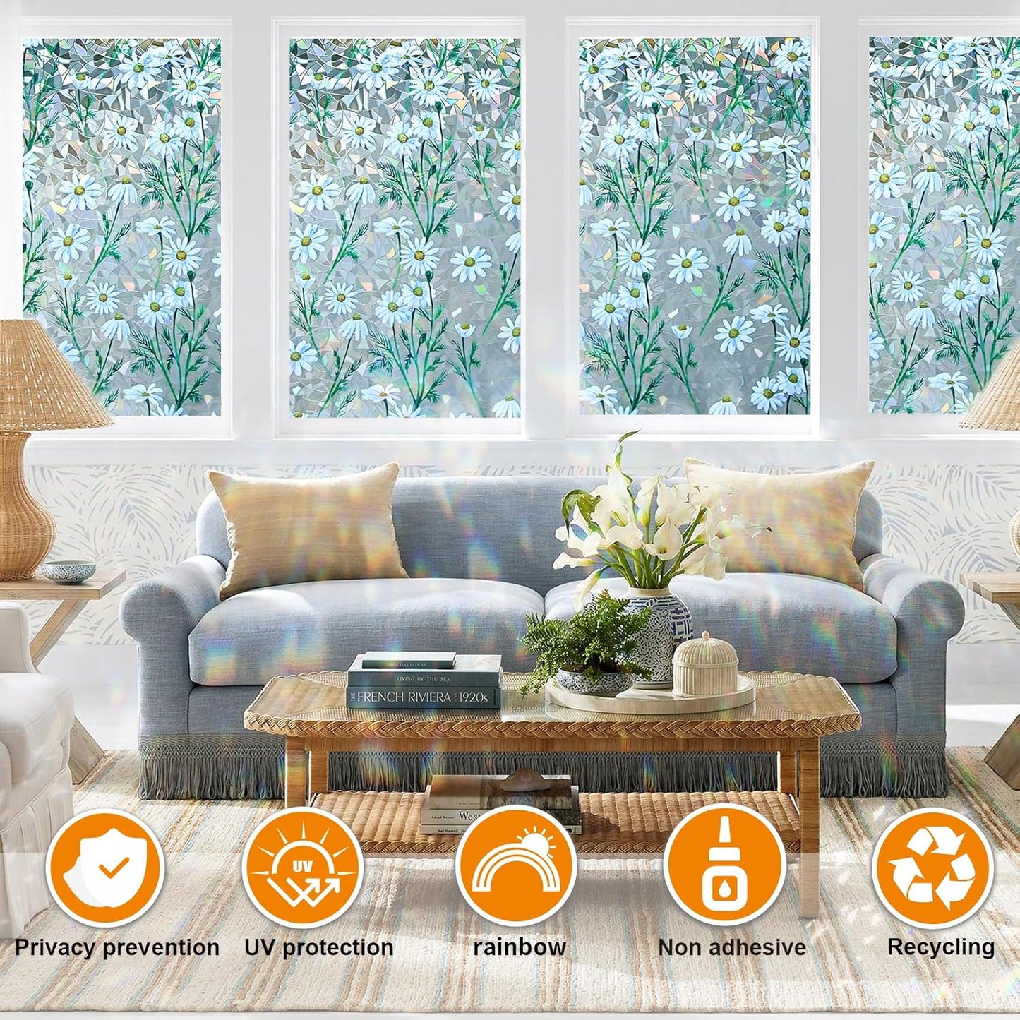 Window Privacy Film Stain Glass Window Film Rainbow Window Film Window clings Non-Adhesive Reusable Decorative for Room (Daisy Rainbow, 45.2 x 78.7 in)
