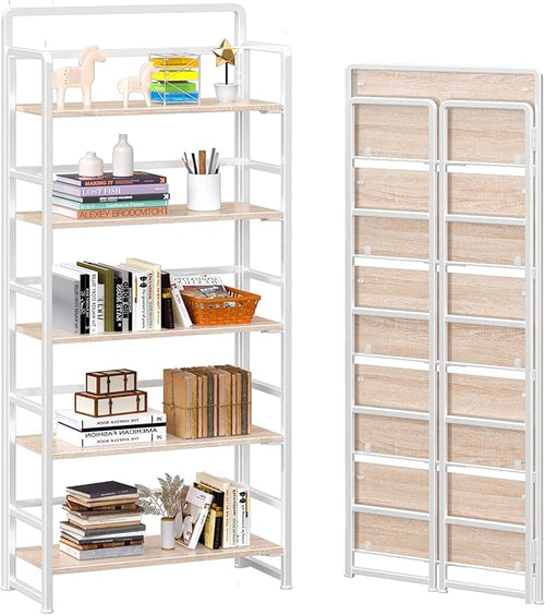 4NM No Assembly 5 Tiers Folding Bookshelf Storage Shelves Vintage Bookcase by 4NM