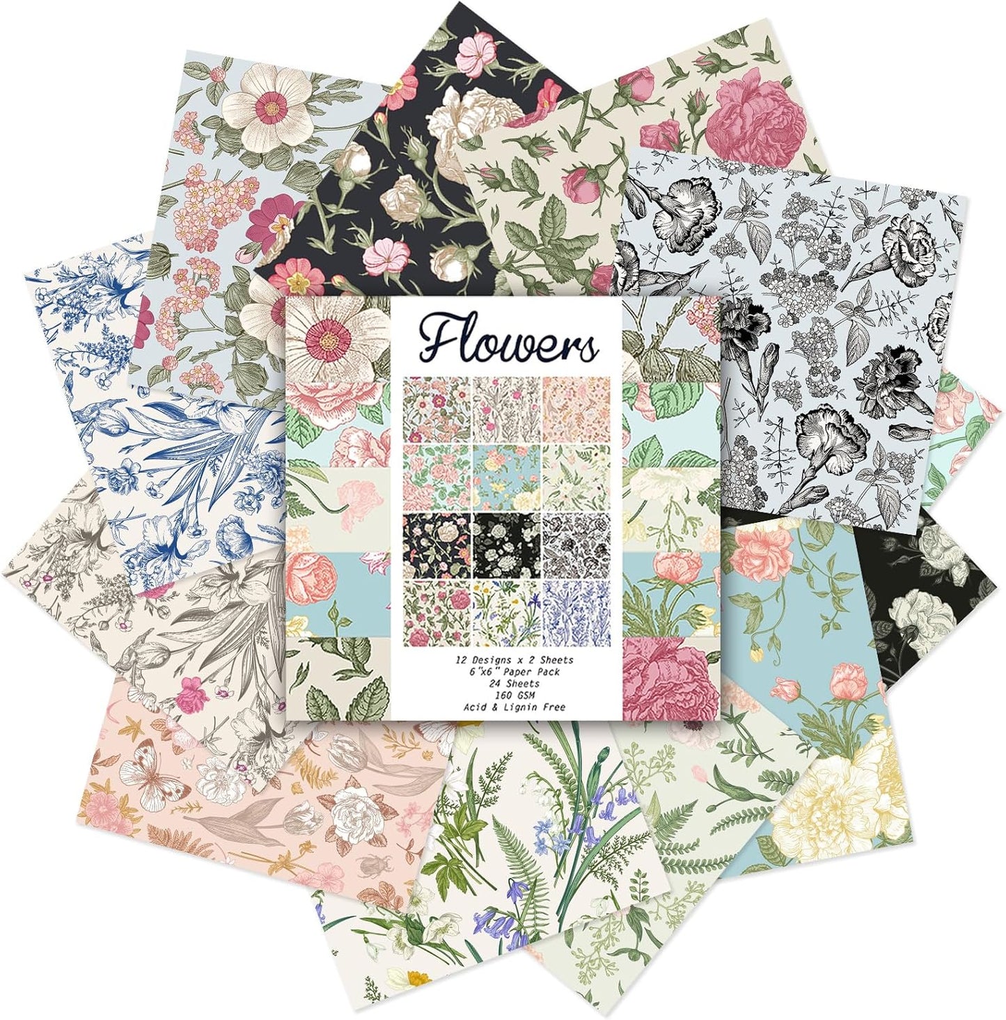 24 Sheets 12 Designs Scrapbook Paper Pad,6"×6” Single-Sided Decopodge Craft Cardstock Paper, Christmas Scrapbooking DIY Decorative Background Cardmaking Supplies.Flowers