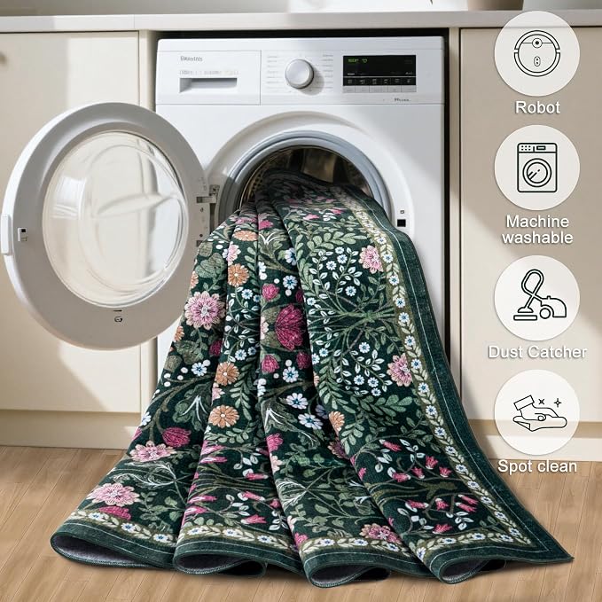 Area Rugs 9x12 Living Room: Floral Washable Rug Vintage Large Soft Boho - Image 5