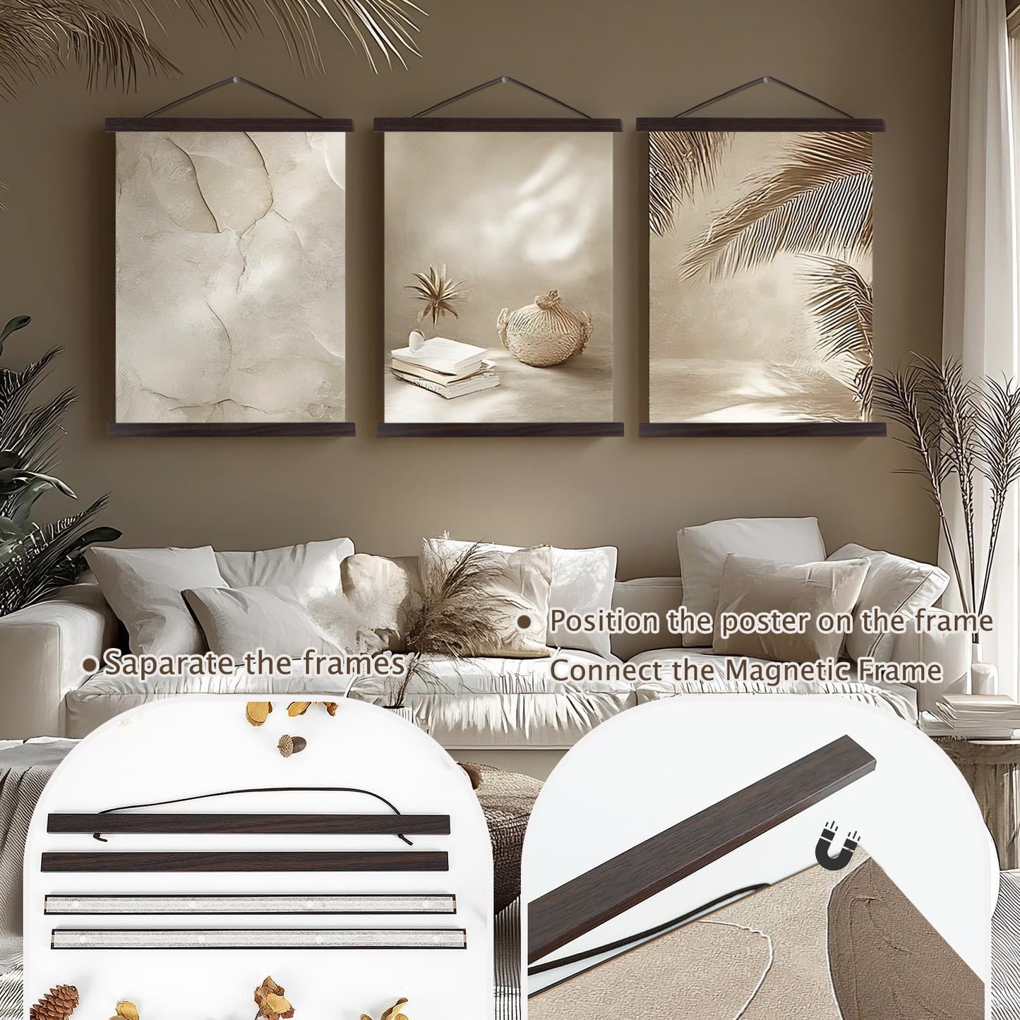 Artmag Magnetic Poster Hanger Frame, 21x28 21x36 21x16 Light Wood Wooden Magnet Canvas Artwork Print Dowel Poster Hangers Frames Hanging Kit (Walnut, 21")
