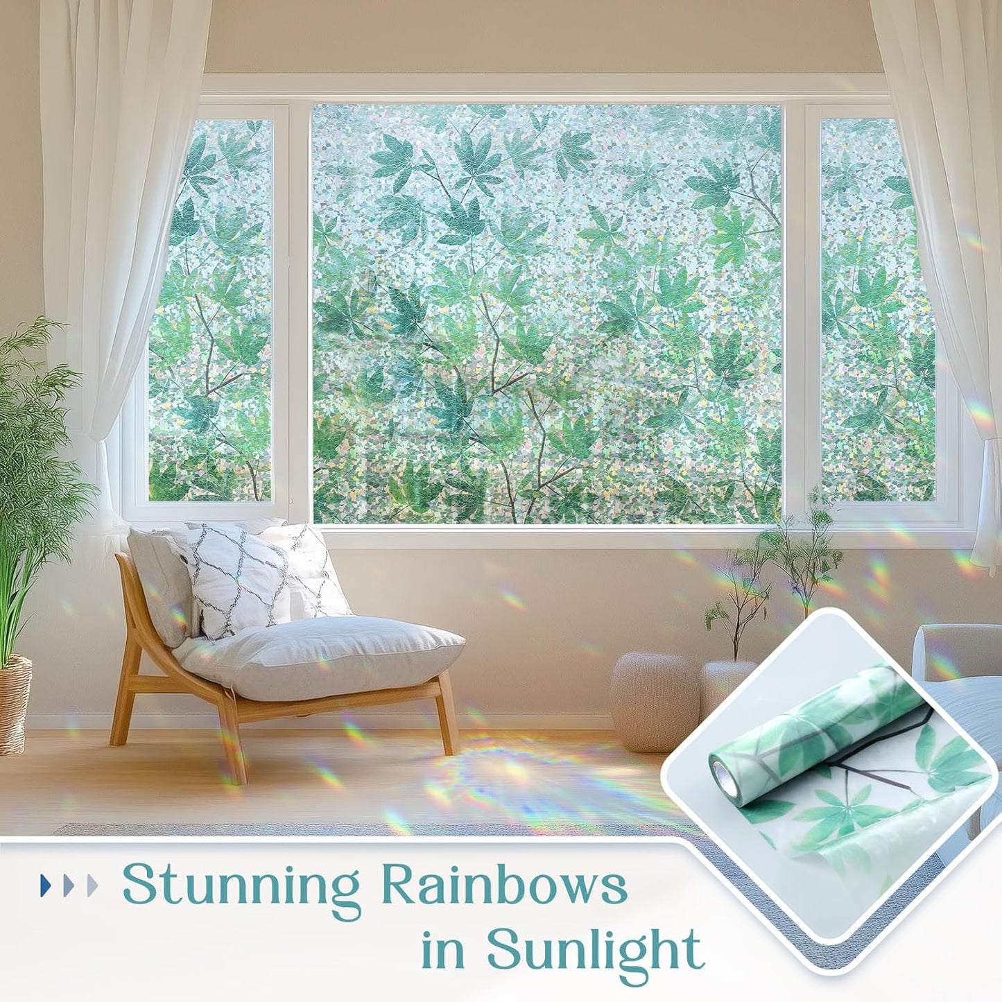Haton Window Privacy Film, Decorative Stained Glass Window Clings, 3D UV Sun Blocking Sticker, Removable Static Cling Heat Control Tint for Home Door, Leaf Rainbow, 23.6" x 78.7" Non-Adhesive