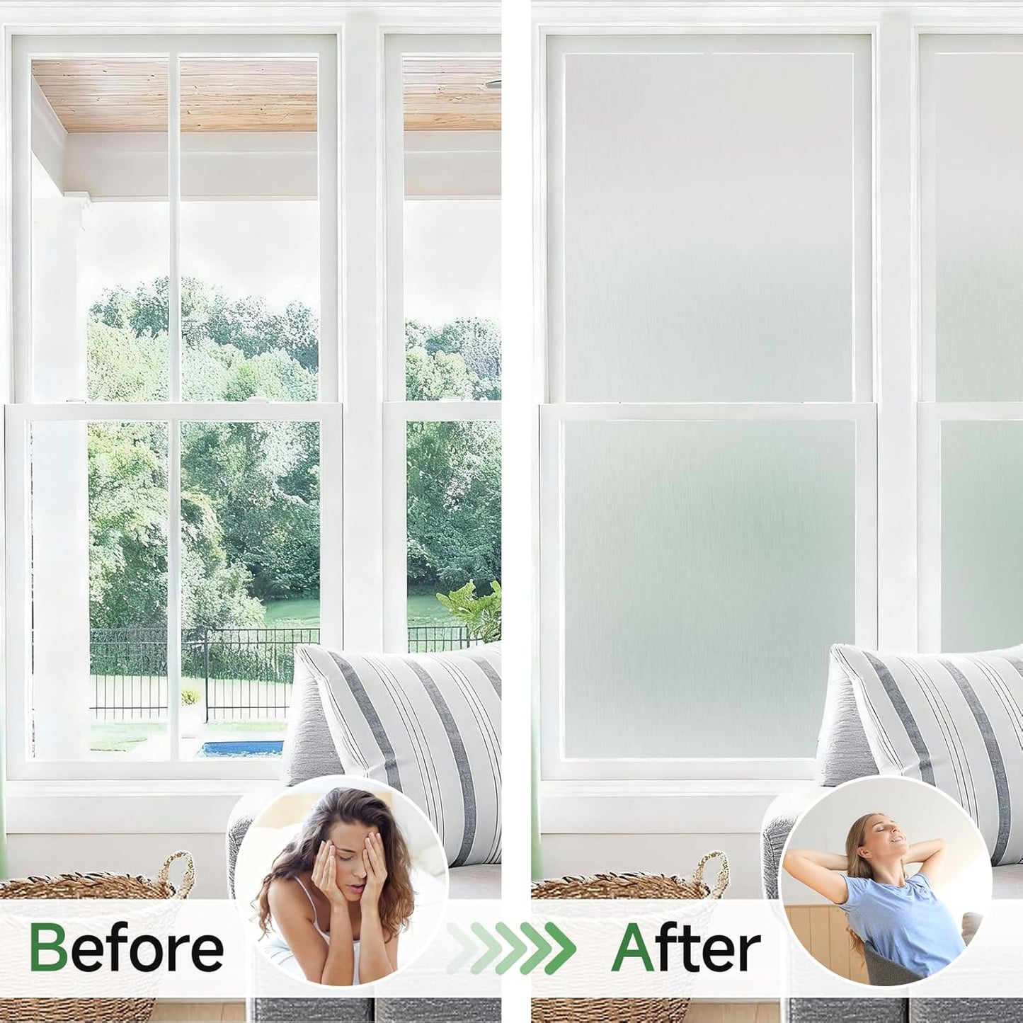 Borsky Frosted Glass Window Film - Static Cling, 96% UV Blocking Non-Adhesive Privacy Window Film, Removable Window Cling with Day & Night Privacy for Bathroom Home Office, 35.4 x 157.4 Inches, Pure