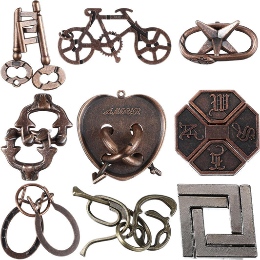 Wettarn 9 Pcs Metal Brain Teaser Puzzles Teaser 3D Steel Puzzle for Adults Unlock Interlocking Games IQ Education Smart Logic Test Toys for Adults Mind Challenge(Classic Style)