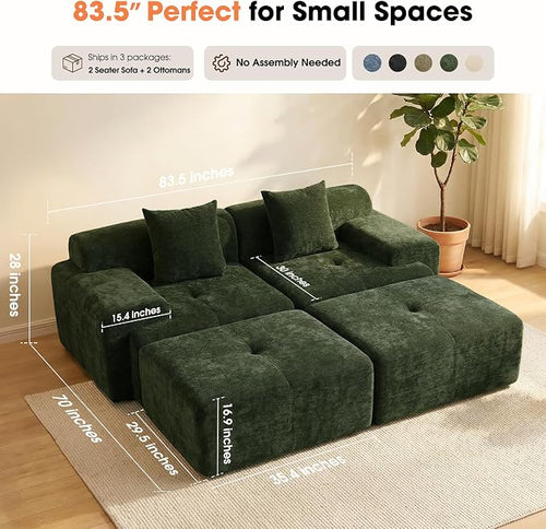 83.5" Boneless Loveseat with 2 Ottoman, Cloud Comfy Sofa Bed, Modular Sofa - Image 2