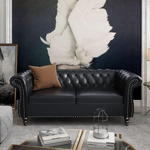 2 Piece Living Room Set, Chesterfield Leather Sofa Couch Chair - Image 2