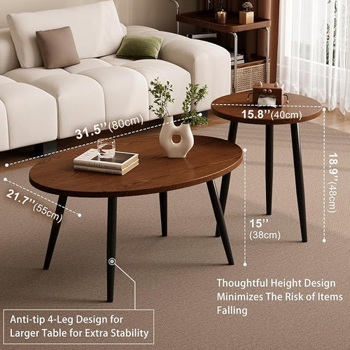 2 Pcs Small Oval Coffee Table, 31.5" Retro Walnut Coffee Tables Nesting Tables - Image 2