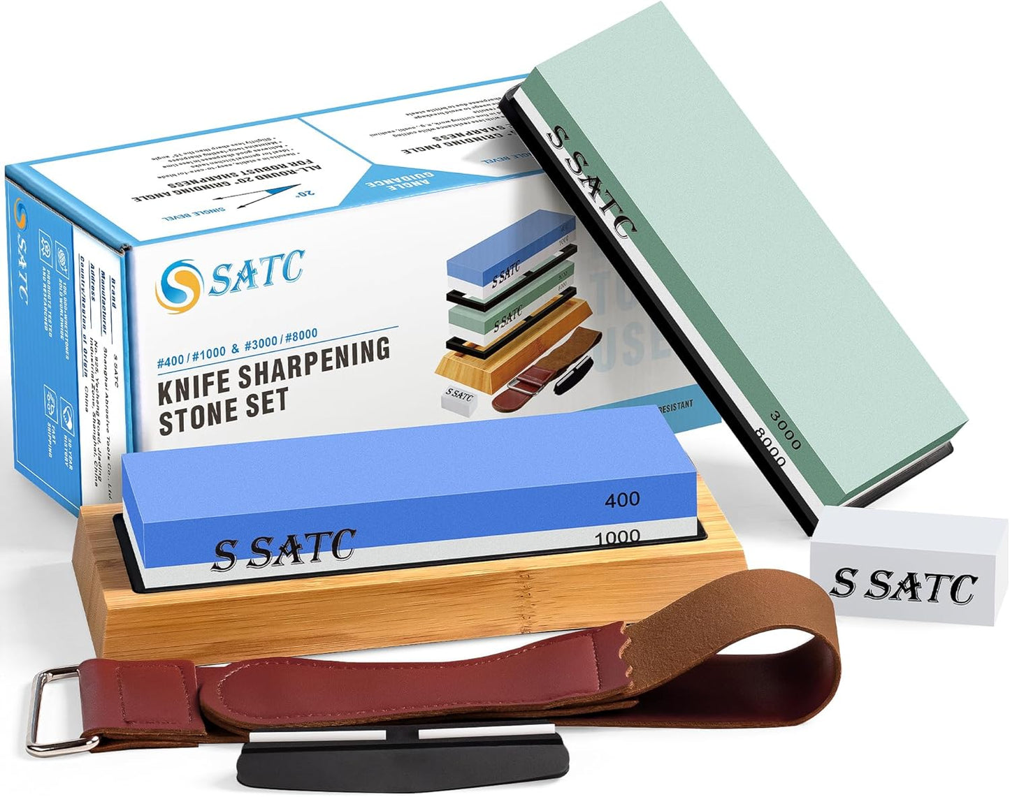 S SATC Knife Sharpening Stone Whetstone 4 Side Grit 400/1000 3000/8000 Stone Knife Sharpeners with Nonslip Rubber Bases, Wood Base, Flattening Stone, and Leather Strop