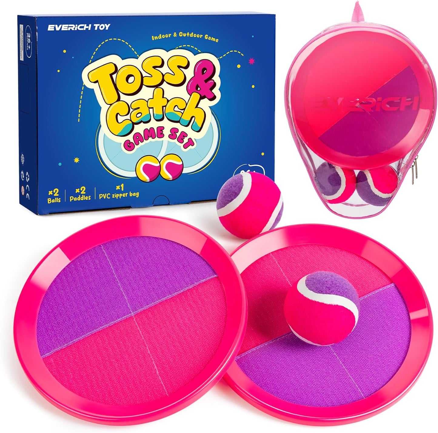 EVERICH Upgraded Toss and Catch Ball Game Set - Indoor and Outdoor Games for Kids 3-12, Beach Sand Pool Water Toy Includes 2 Paddles 2 Sticky Balls, Great Birthday Easter Gifts for Boys Girls