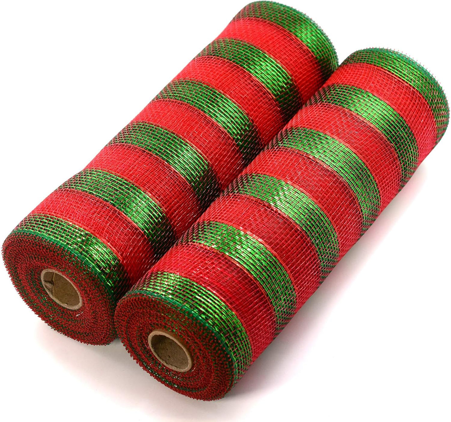 Koopi Deco Mesh 10 inch x 10 Yards Christmas Colors, Set of 2 Red and Green Metallic foil Stripe Mesh Ribbons for Wreaths, Swags, Craft, Party and Decorating Supplies- 2 Rolls