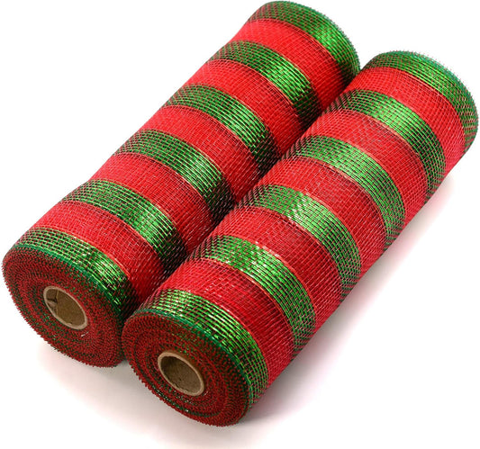 Koopi Deco Mesh 10 inch x 10 Yards Christmas Colors, Set of 2 Red and Green Metallic foil Stripe Mesh Ribbons for Wreaths, Swags, Craft, Party and Decorating Supplies- 2 Rolls