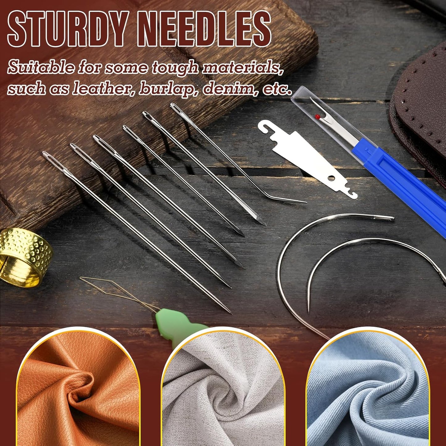 Upholstery Repair Kit, 0.55mm 98 Yard (3 Colors) Waxed Thread with 8 Pcs Heavy Duty Leather Needles for Hand Stitching, Canvas & Quilting - Round Waxed Thread- Black/Gray/Brown