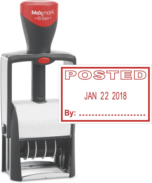 MaxMark Heavy Duty Self Inking Date Stamp with Phrase Posted - Red Ink
