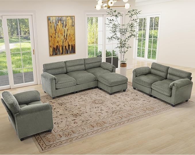 HAOMARKETS Corduroy 4-Piece Sofa Set, Upholstered Ottoman Set of 2 and Accent - Image 7