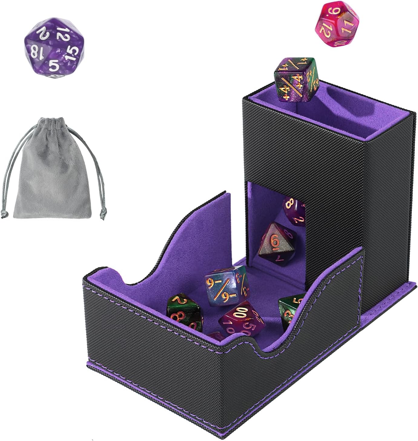 Dice Roller Tower, Premium DND Magnetic Dice Tray, Foldable PU Leather Dice Tower RPG Gifts for Dungeons and Dragons MTG Dm & Player Black/Violet