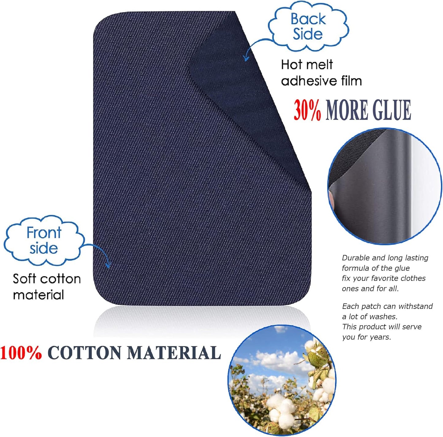 12PCS Fabric Iron on Patches Inside & Outside Strong Glue 100% Cotton Repair Patch for Clothes Pants Mending and Decorating, White