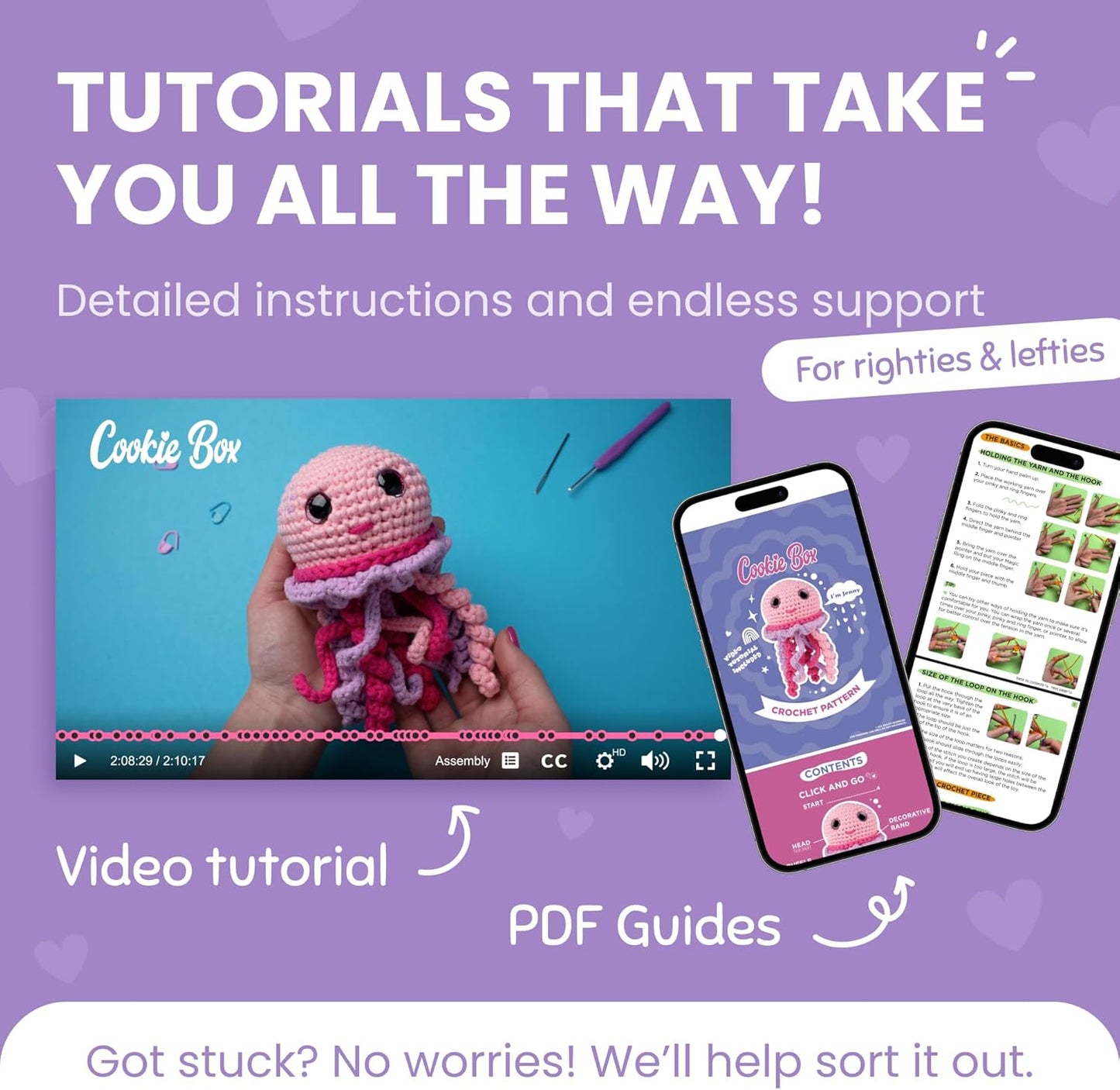 Cookie Box Crochet Kit for Beginners – Gift Set to Make Jellyfish Jenny Amigurumi Plushie – Easy DIY Crochet & Knitting Starter Kit with Video and PDF Tutorials