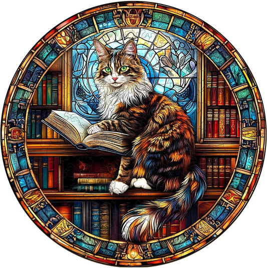 Wooden Puzzles Adults, Maine Cat Library Wooden Puzzles 300 Pieces, Unique Animal Shaped Wood Challenging Jigsaw Puzzles Gifts for Adults, 13.4x13.4in