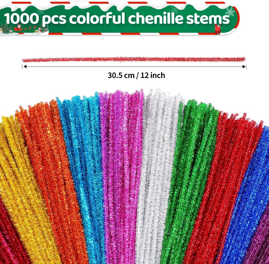 Eppingwin 1000pcs Pipe Cleaners, Glitter Pipe Cleaners Craft Supplies, 10 Colors Chenille Stems for DIY Arts Crafts Project