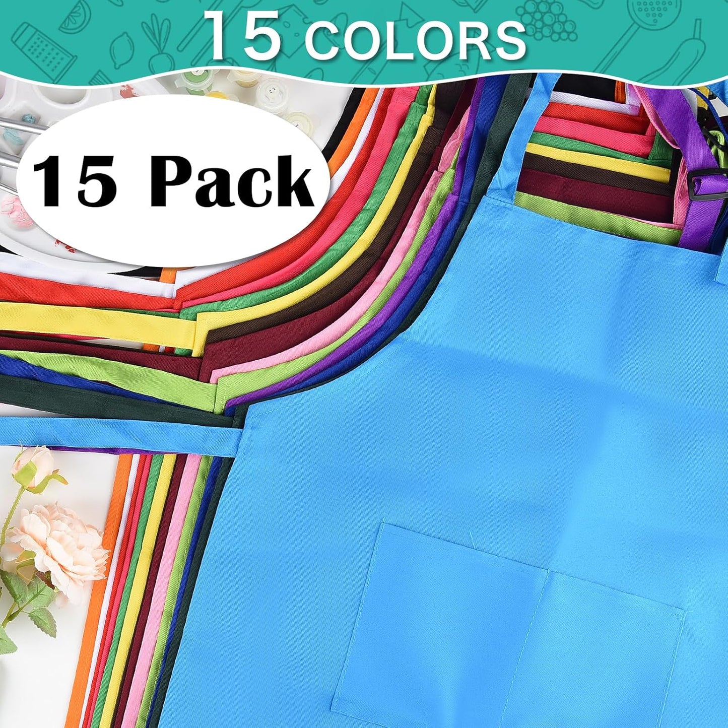 PLULON 15Pcs Kids Aprons Painting Aprons for Kids Aprons for Kids Bulk, Paint Apron Adjustable Children Chef Aprons with 2 Pockets for Girls Boys Painting Baking Cooking Crafting (Multicolor)