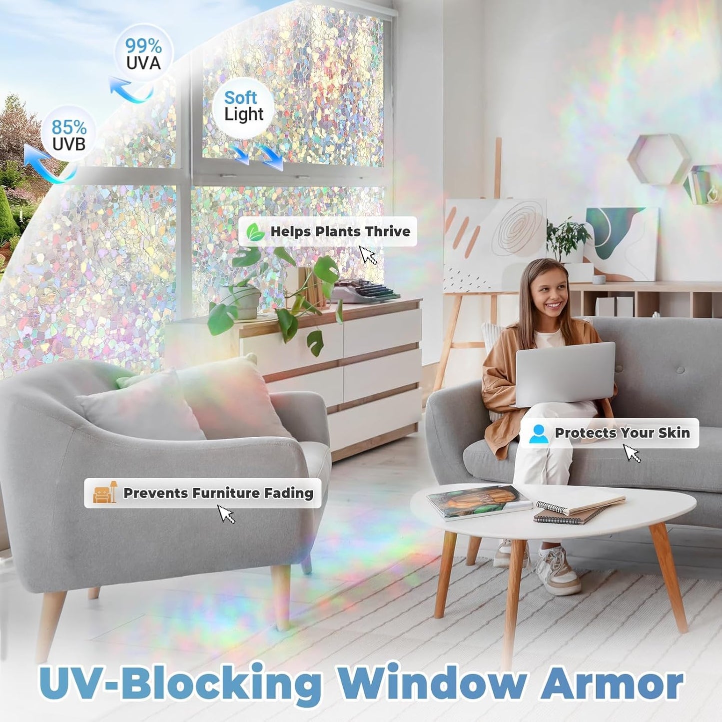 DOWELL Window Privacy Film Rainbow Film, Stained Glass Decorative Sticker, Static Cling Non-Adhesive Glass Clings, Sun Blocking Heat Control Window Coverings for Home Door, 17.5" x 78.7"