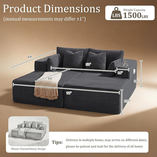 72" Cloud Sectional Couch, Comfort Sleep Sofa - Image 2
